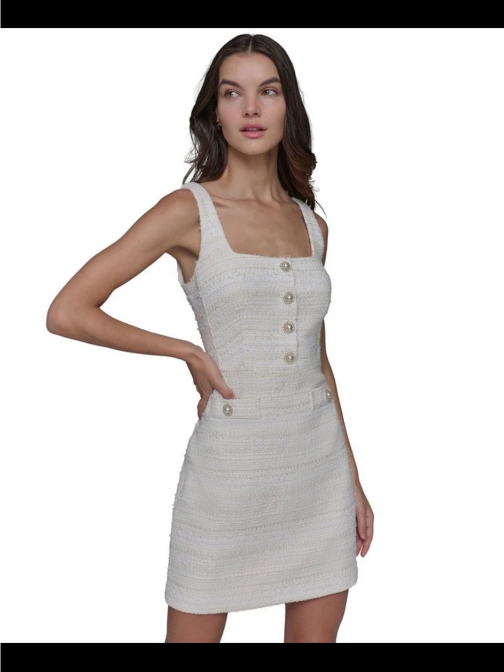 Karl Lagerfeld Ivory Tweed Square-Neck Mini Dress with Pearl Buttons